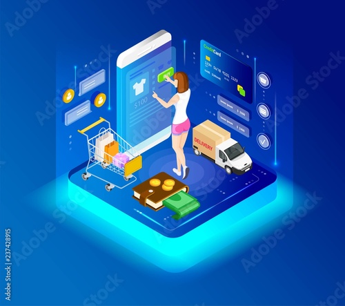 Concept of a modern graphic vector banner, for web design online store and application. E-commerce. Isometry and 3d design. Shopping cart wiht purchases and goods.