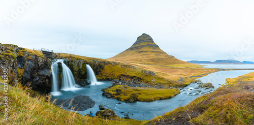 Kirkjufell Mountain  Iceland  Landscape with waterfalls  long exposure in a cloudy day  Snaefellsnes peninsula