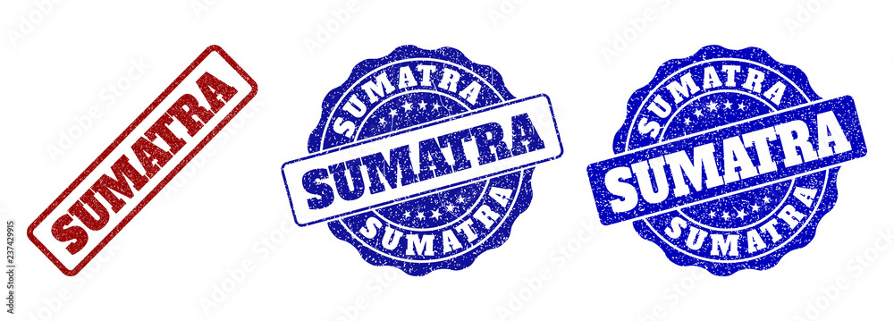 SUMATRA scratched stamp seals in red and blue colors. Vector SUMATRA imprints with grunge style. Graphic elements are rounded rectangles, rosettes, circles and text labels.