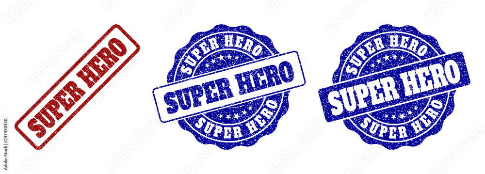 SUPER HERO grunge stamp seals in red and blue colors. Vector SUPER HERO watermarks with grunge effect. Graphic elements are rounded rectangles, rosettes, circles and text tags.