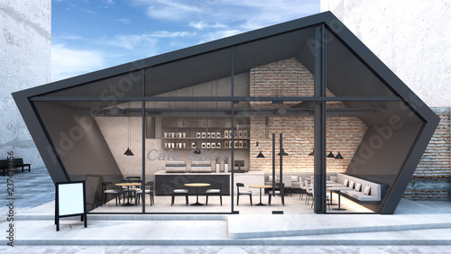 Front view Cafe shop & Restaurant design. Modern Loft metal sheet black.Five-sided roof.wall Brick,Windows black metal frame- 3D render