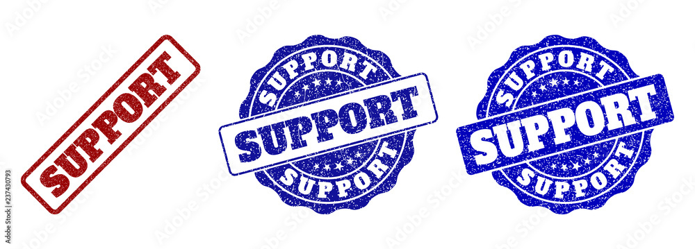 SUPPORT scratched stamp seals in red and blue colors. Vector SUPPORT labels with scratced style. Graphic elements are rounded rectangles, rosettes, circles and text labels. SUPPORT scratched stamp seals in red and blue colors. Vector SUPPORT labels with scratced style. Graphic elements are rounded rectangles, rosettes, circles and text labels.