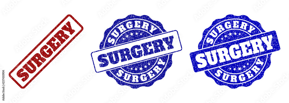 SURGERY grunge stamp seals in red and blue colors. Vector SURGERY watermarks with grunge surface. Graphic elements are rounded rectangles, rosettes, circles and text captions. SURGERY grunge stamp seals in red and blue colors. Vector SURGERY watermarks with grunge surface. Graphic elements are rounded rectangles, rosettes, circles and text captions.