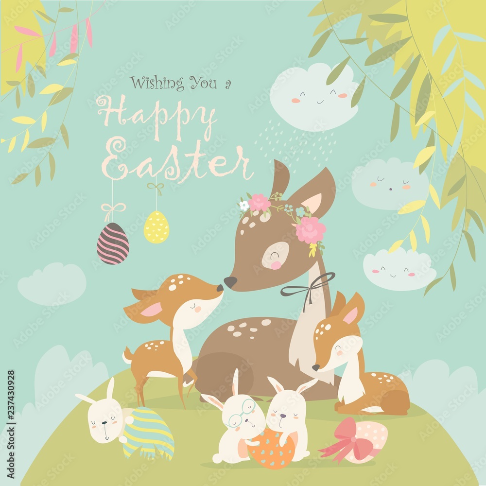 Fototapeta premium Cartoon Deer family with cute bunnies. Happy animals for Easter.