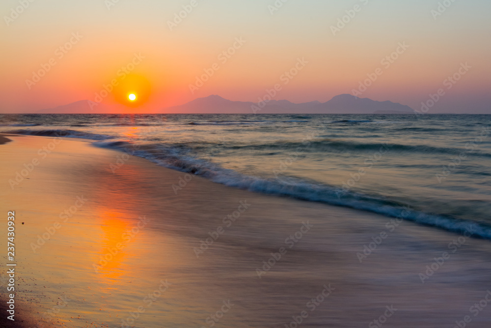 Sunset on a beach. Kos, Greece. motion.