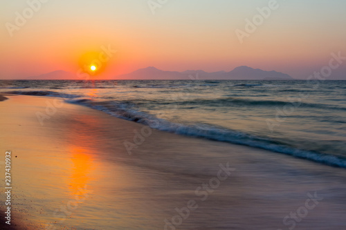 Sunset on a beach. Kos  Greece. motion.