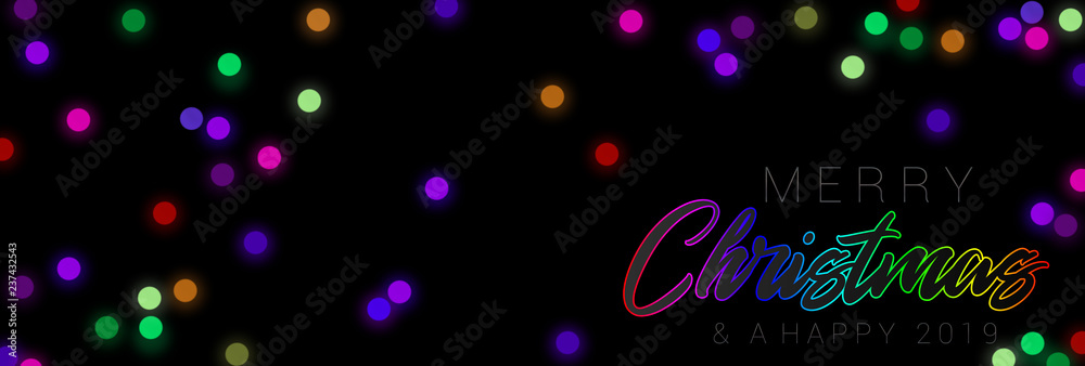 An abstract banner design for Christmas with colorful lights on a black background