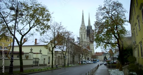 Grand cathedral in Zagreb, Croatia on a cloudy winter day