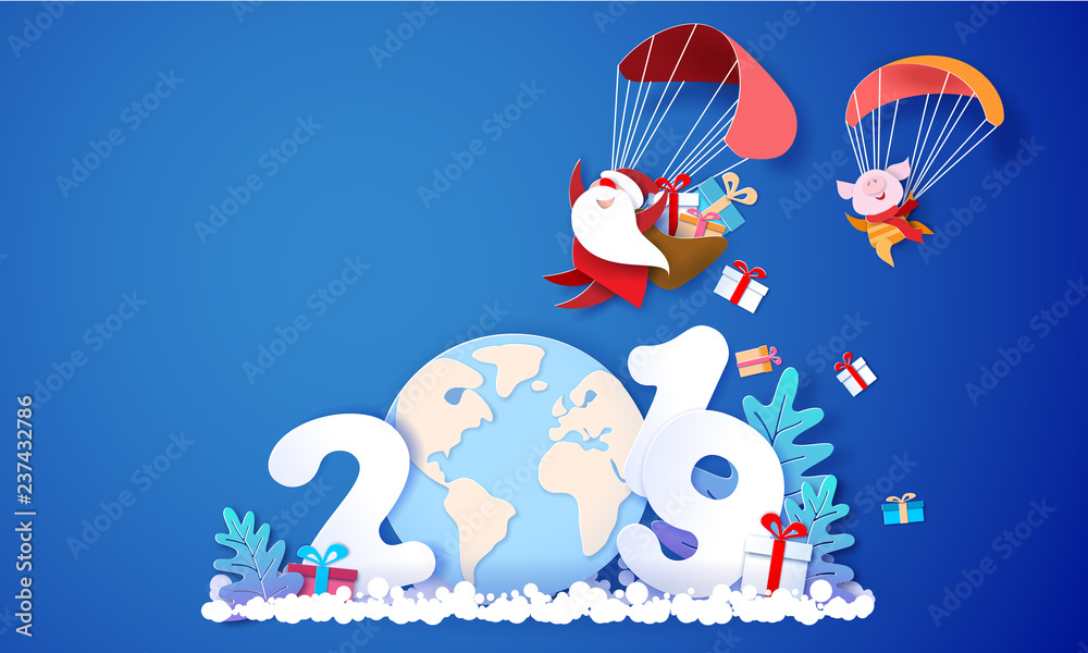 Naklejka premium 2019 New Year design card with Santa Claus