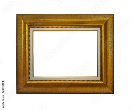Gold empty picture frame on white background