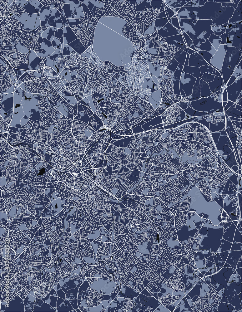 Map of the city of Birmingham, Wolverhampton, English Midlands, United ...