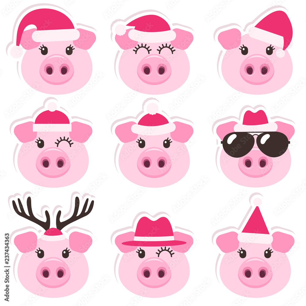 Cartoon cute pigs with Christmas Santa hats Cartoon cute pigs with Christmas Santa hats