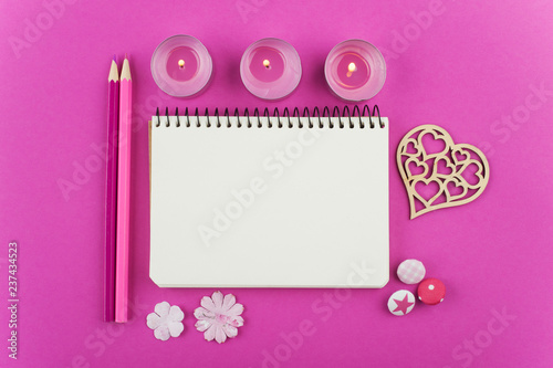 Pink working desk with Valentine objects