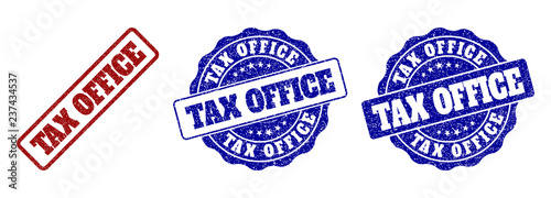 TAX OFFICE grunge stamp seals in red and blue colors. Vector TAX OFFICE labels with grunge surface. Graphic elements are rounded rectangles, rosettes, circles and text tags.