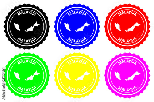 Malaysia - rubber stamp - vector, Malaysia map pattern - sticker - black, blue, green, yellow, purple and red