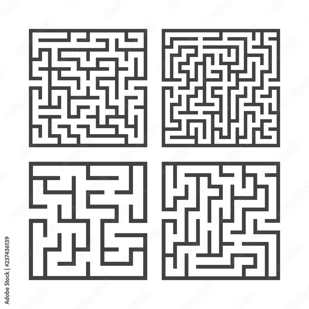 A set of square mazes of various levels of difficulty. Game for kids. Puzzle for children. One entrances, one exit. Labyrinth conundrum. Flat vector illustration isolated on white background.