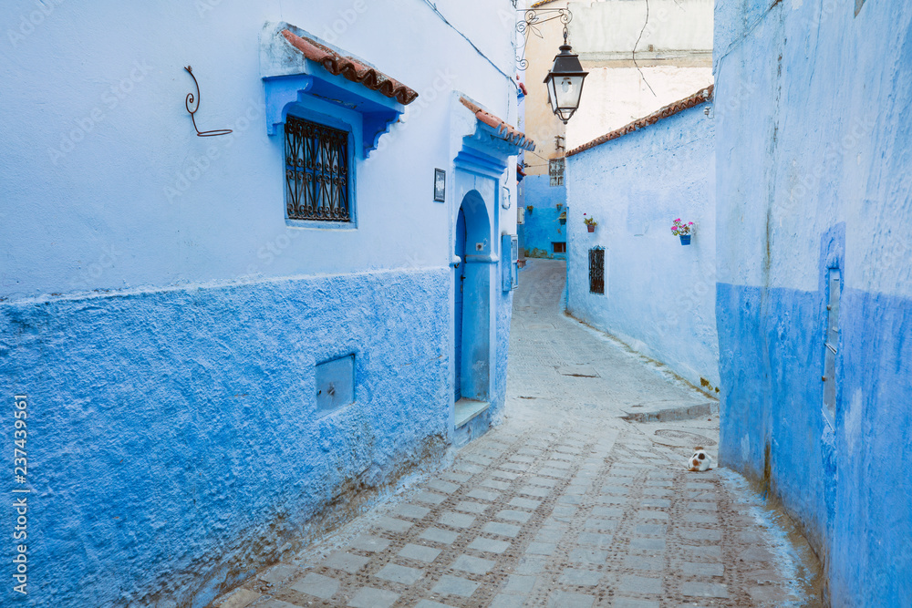 street with turn in blue city Chefchaouen in Morocco