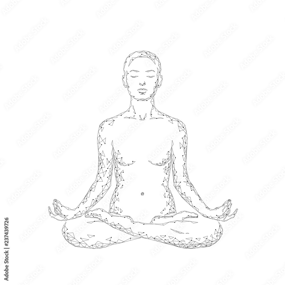 Yoga practice woman in lotus position low poly silhouette. Polygonal yoga relaxation exercise wellness class. White gray monochrome color. Buddhism esoteric Kundalini energy vector illustration