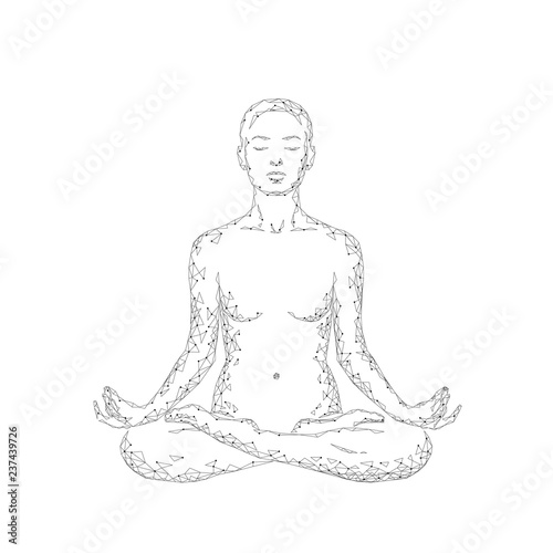 Yoga practice woman in lotus position low poly silhouette. Polygonal yoga relaxation exercise wellness class. White gray monochrome color. Buddhism esoteric Kundalini energy vector illustration