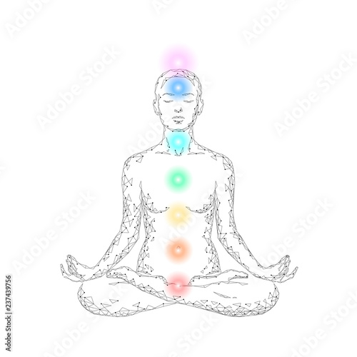 Yoga practice woman in lotus position low poly silhouette. Polygonal yoga relaxation exercise wellness class. White gray chakra points color. Buddhism esoteric Kundalini energy vector illustration