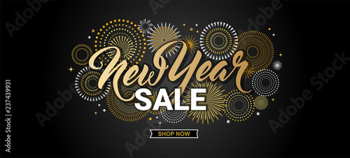 Happy New Year sale banner. vector illustration with Fireworks black Background. Vector Holiday Design for Premium Greeting Card, Party Invitation, web online store or shop promo offer