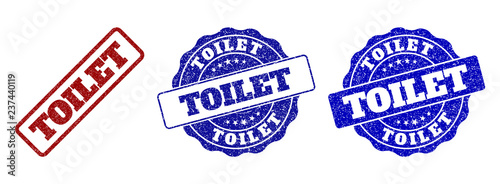 TOILET grunge stamp seals in red and blue colors. Vector TOILET signs with grunge style. Graphic elements are rounded rectangles, rosettes, circles and text titles.