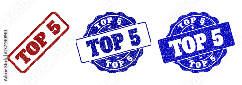 TOP 5 grunge stamp seals in red and blue colors. Vector TOP 5 imprints with grainy surface. Graphic elements are rounded rectangles, rosettes, circles and text captions.
