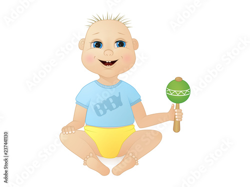 cute smiling little boy sitting with a rattle. cartoon character. isolated image. vector illustration.