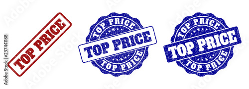 TOP PRICE scratched stamp seals in red and blue colors. Vector TOP PRICE overlays with grainy style. Graphic elements are rounded rectangles, rosettes, circles and text labels.