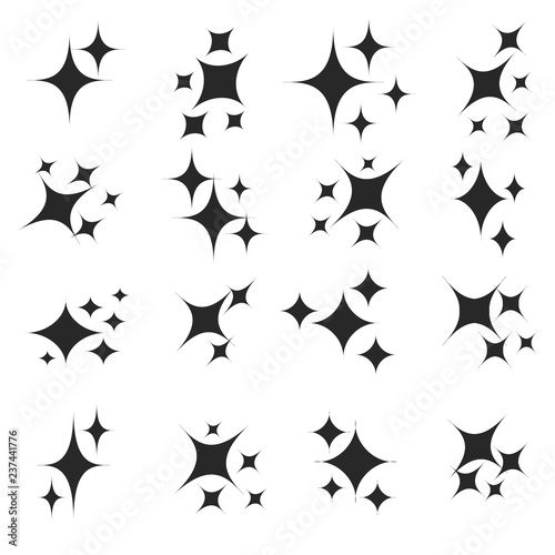 Star sparkling or twinkling cartoon set. Vector black glittering star light particles isolated on white background