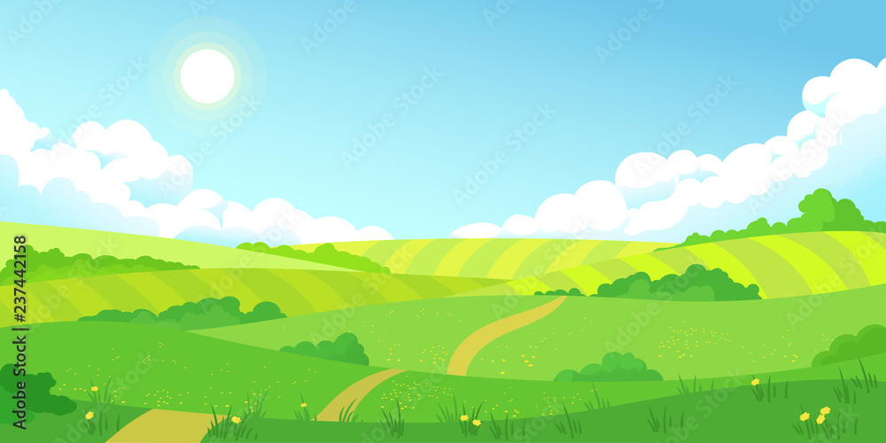 Colorful sunny summer bright fields, hills landscape, green grass, clear blue sky with clouds and sun, flat style vector illustration