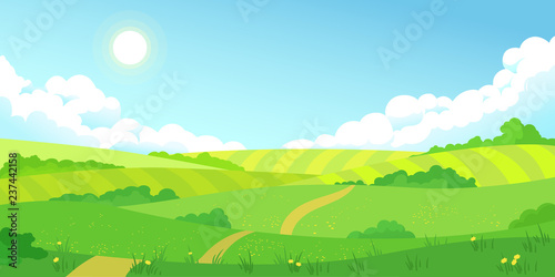 Colorful sunny summer bright fields  hills landscape  green grass  clear blue sky with clouds and sun  flat style vector illustration