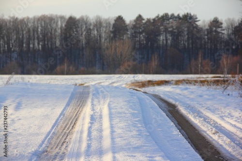 Beautiful rural dirt road under snow with sunbeams, track in a field with forest on the horizon - rural landscape, travel