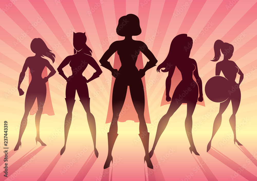 Conceptual illustration depicting team of female superheroes as a concept for sisterhood.
