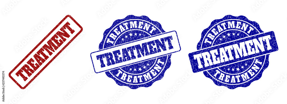 TREATMENT grunge stamp seals in red and blue colors. Vector TREATMENT overlays with grunge effect. Graphic elements are rounded rectangles, rosettes, circles and text tags.