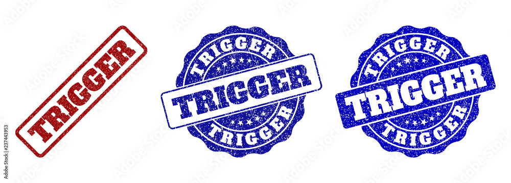 TRIGGER grunge stamp seals in red and blue colors. Vector TRIGGER watermarks with draft surface. Graphic elements are rounded rectangles, rosettes, circles and text labels. TRIGGER grunge stamp seals in red and blue colors. Vector TRIGGER watermarks with draft surface. Graphic elements are rounded rectangles, rosettes, circles and text labels.