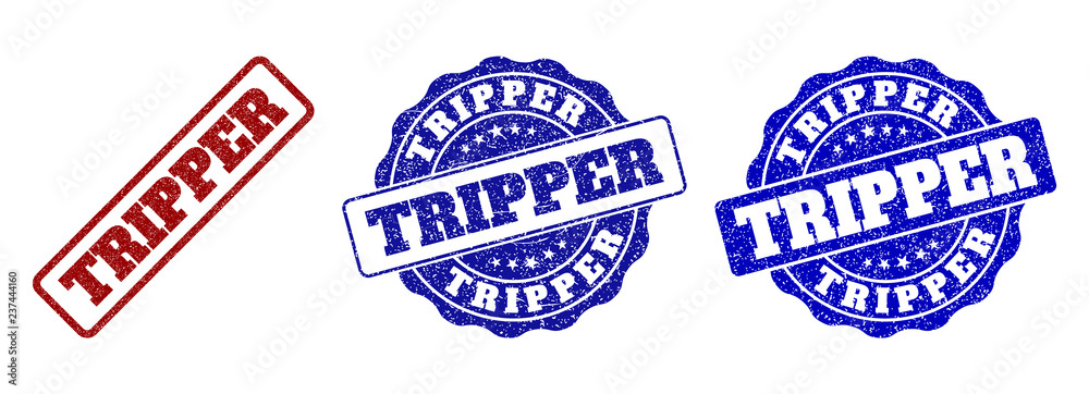 TRIPPER grunge stamp seals in red and blue colors. Vector TRIPPER overlays with dirty effect. Graphic elements are rounded rectangles, rosettes, circles and text captions. TRIPPER grunge stamp seals in red and blue colors. Vector TRIPPER overlays with dirty effect. Graphic elements are rounded rectangles, rosettes, circles and text captions.