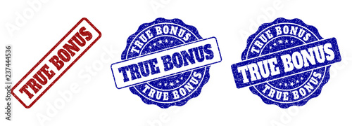TRUE BONUS grunge stamp seals in red and blue colors. Vector TRUE BONUS watermarks with grunge effect. Graphic elements are rounded rectangles, rosettes, circles and text titles.