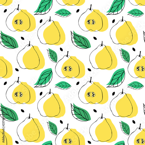 Seamless pattern with apple quince ande leaves. Tropical bright background.