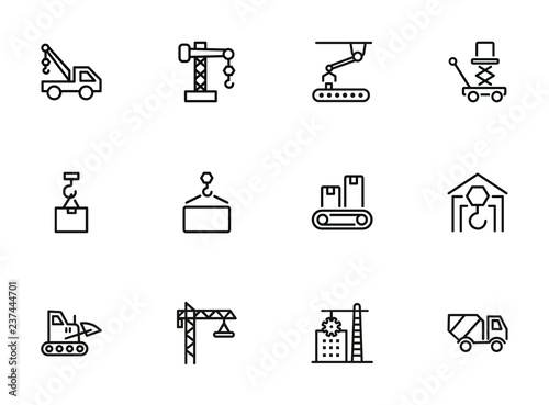 Industry machines line icon set. Concrete mixer, crane, site. Machinery concept. Can be used for topics like construction, robotic science, technology