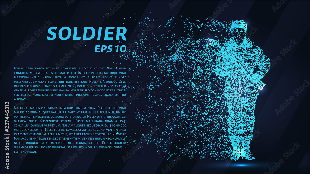 Soldier. A grid of blue stars in the night sky. Glowing dots create the shape of a soldier with a weapon. War, army, machine gun and other concept illustration or background. - obrazy, fototapety, plakaty 