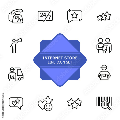 Internet store line icon set. Bar code, courier, like. Online shopping concept. Can be used for topics like customer feedback, delivery, rating