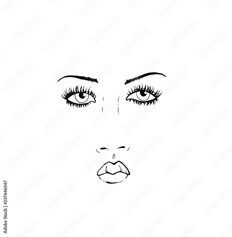 mimic face, languid look, sketch of lips, nose and eyes, big eyes with eyelashes, large and thin eyebrows, pupils mimic face, languid look, sketch of lips, nose and eyes, big eyes with eyelashes, large and thin eyebrows, pupils