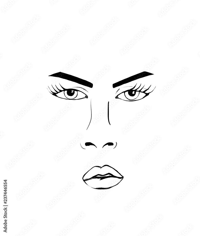 mimic face, languid look, sketch of lips, nose and eyes, big eyes with eyelashes, large and thin eyebrows, pupils mimic face, languid look, sketch of lips, nose and eyes, big eyes with eyelashes, large and thin eyebrows, pupils