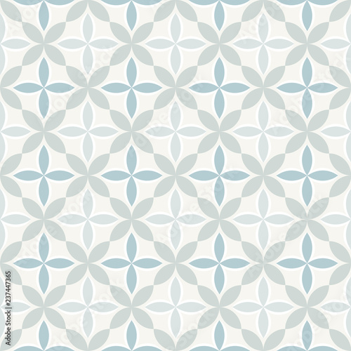 Seamless geometric pattern with abstract floral elements based on Arabic ornaments. Geometric checkered background in white and blue colors