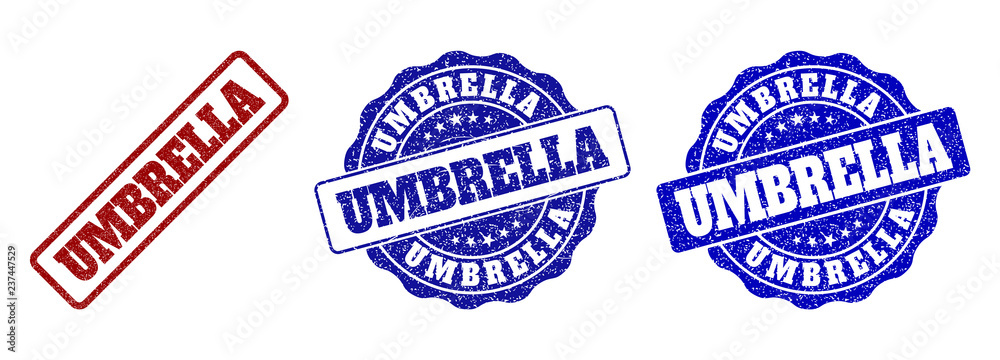 UMBRELLA scratched stamp seals in red and blue colors. Vector UMBRELLA marks with grunge effect. Graphic elements are rounded rectangles, rosettes, circles and text labels.