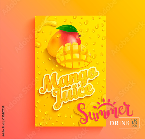 Fresh mango juice banner with drops from condensation, splashing and fruit slice on gradient hot summer background for brand,logo, template,label,emblem,store,packaging,advertising.Vector illustration