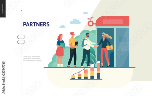 Business series, color 1 - partners -modern flat vector illustration concept of people shaking their hands in the office entrance. Business workflow management. Creative landing page design template