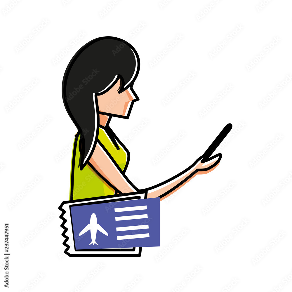 young woman with smartphone and ticket airplane young woman with smartphone and ticket airplane