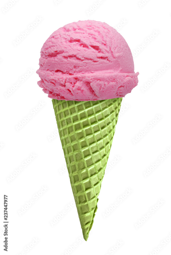 Strawberry Ice cream scoop with cone isolated on white background